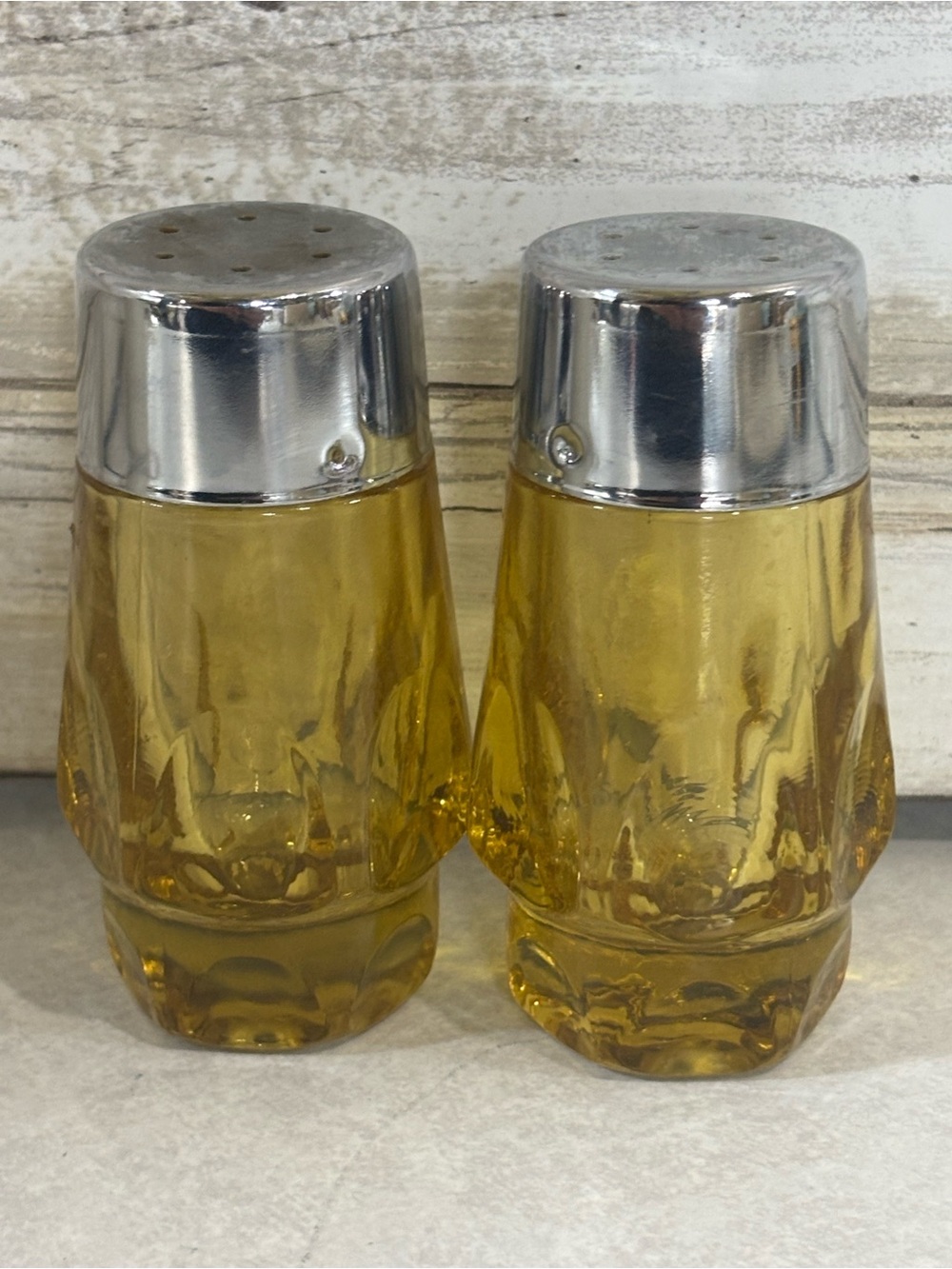 Vintage Hazel Atlas Amber chunky gold glass salt & pepper shakers